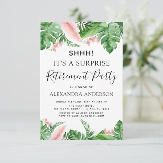 Verrassing Pensioen Party Tropische Palm Bloemen Kaart (Staand voorkant)
