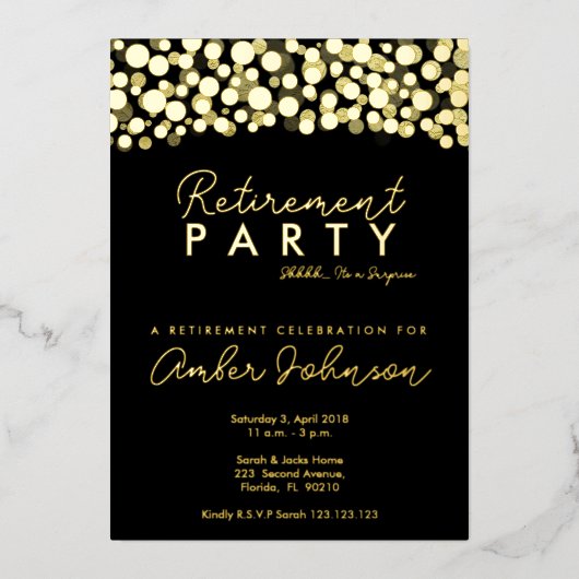 Verrassing Pensioen Party Zwart en Goud Folie Uitnodiging (Voorkant)