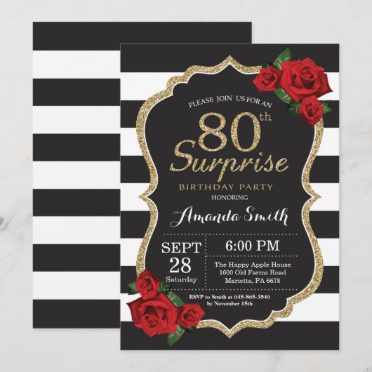 Verrassing Red Rose 80e verjaardag uitnodiging gou (Voorkant / Achterkant)