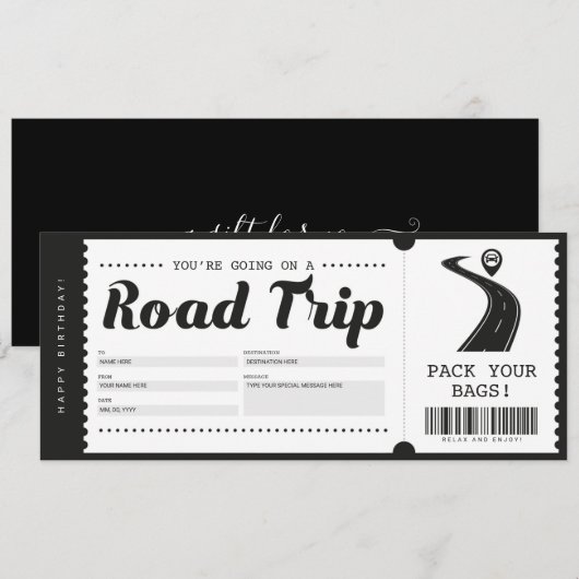 Verrassing Road Trip Ticket Cadeaubon Certificaat Kaart (Voorkant / Achterkant)
