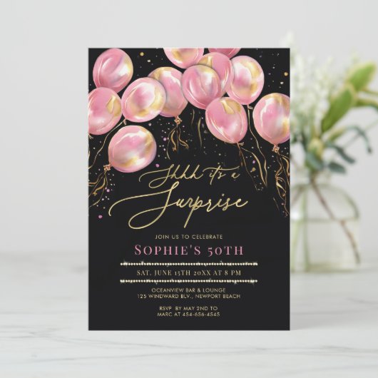 Verrassing Roze Ballonnen Goud Zwart 50ste Verjaar Kaart (Staand voorkant)