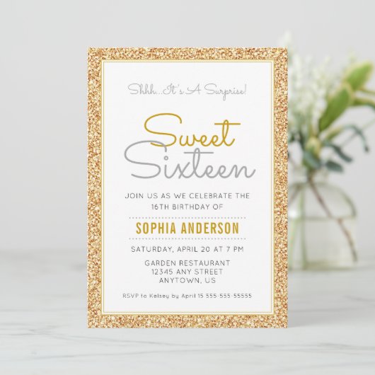 Verrassing Sweet 16 Verjaardag Faux Gold Glitter Kaart (Staand voorkant)