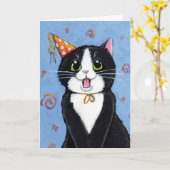 Verrassing! | Tuxedo Cat Happy Birthday Kaart (Gele Bloem)