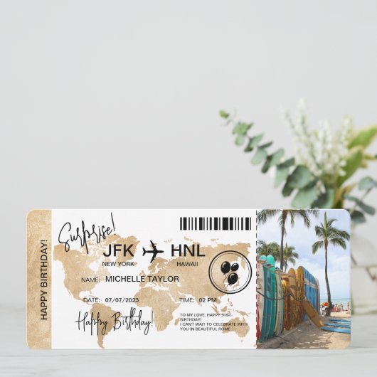 Verrassing Verjaardag Boarding Pass Trip Ticket Ha Kaart (Staand voorkant)