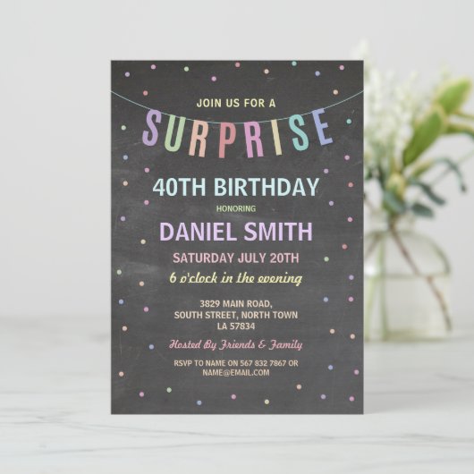 Verrassing Verjaardag Chalk Polka Dot Party Uitnod Kaart (Staand voorkant)