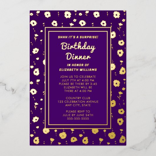 Verrassing Verjaardag Diner Party Floral Elegant Folie Uitnodiging (Voorkant)