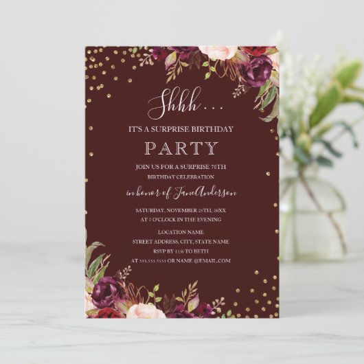 Verrassing Verjaardag Gouden Confetti Bourgogne Bl Kaart (Staand voorkant)