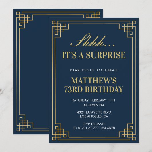 Verrassing Verjaardag Navy blauw Goud Mannen 73e V Kaart (Voorkant / Achterkant)