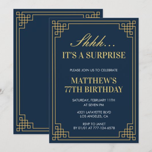Verrassing Verjaardag Navy blauw Goud Mannen 77e V Kaart (Voorkant / Achterkant)