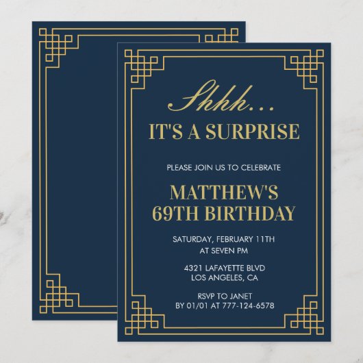 Verrassing Verjaardag Navy blauw Gouden Mannen 69e Kaart (Voorkant / Achterkant)