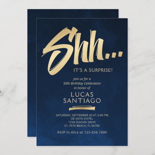 Verrassing Verjaardag Navy Gold Kaart (Voorkant / Achterkant)