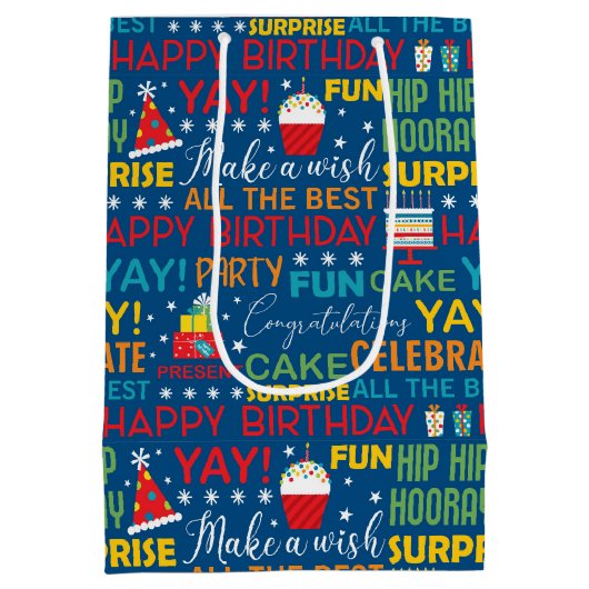 Verrassing Verjaardag Party Typografie Patroon Medium Cadeauzakje (Achterkant)