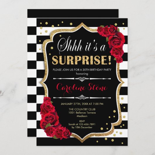 Verrassing Verjaardag - Zwart Wit Strepen Rood Roz Kaart (Voorkant / Achterkant)