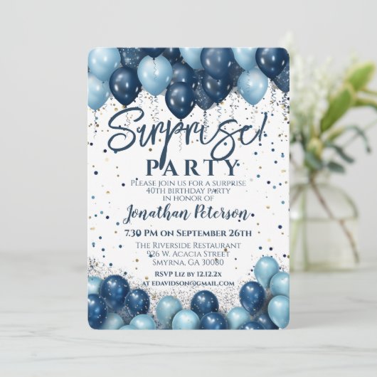 Verrassing Verjaardagsfeest Blauwe ballon Kaart (Staand voorkant)