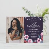 Verrassing Verjaardagsfeest Marine Roze Bloemen Fo Kaart (Staand voorkant)