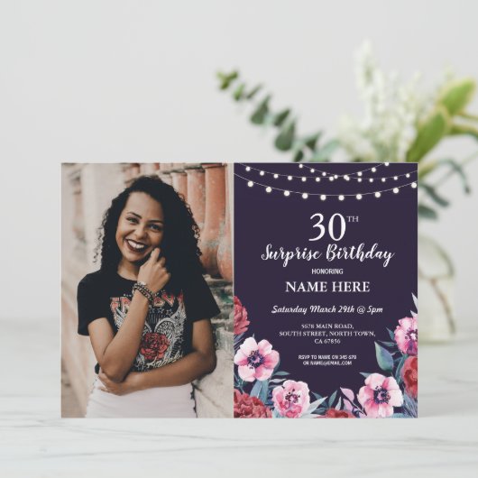 Verrassing Verjaardagsfeest Marine Roze Bloemen Fo Kaart (Staand voorkant)