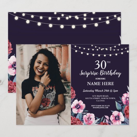 Verrassing Verjaardagsfeest Marine Roze Bloemen Fo Kaart (Voorkant / Achterkant)