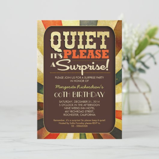 Verrassing verjaardagsfeest  typografie uitnodigt kaart (Staand voorkant)