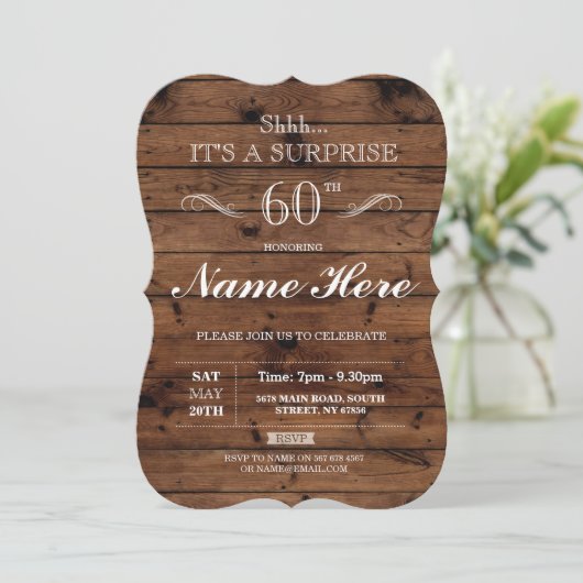 Verrassing verjaardagsfeestje rustiek hout elke le kaart (Staand voorkant)