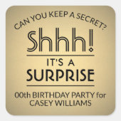 Verrassing Verjaardagsfeestje Zwart en Faux Gouden Vierkante Sticker (Voorkant)