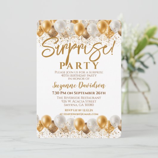 Verrassing Verjaardagspartij Gouden Ballon Kaart (Staand voorkant)