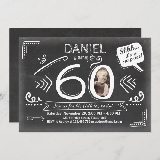 Verrassing verjaardagsuitnodiging 60e schoolbord kaart (Voorkant / Achterkant)