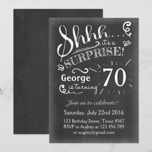 Verrassing verjaardagsuitnodiging 70 schoolbord ru kaart (Voorkant / Achterkant)