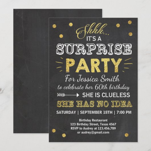 Verrassing verjaardagsuitnodiging Chalkboard Gold Kaart (Voorkant / Achterkant)
