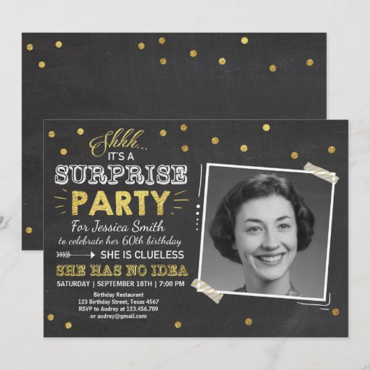 Verrassing verjaardagsuitnodiging Chalkboard Gold Kaart (Voorkant / Achterkant)