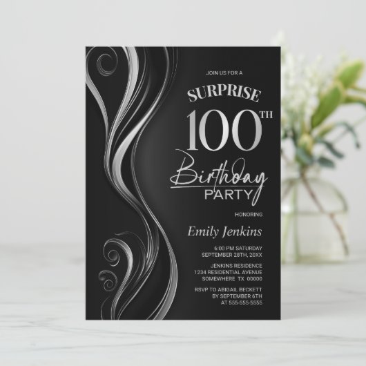 Verrassing Zwart Zilver 100ste Verjaardagsfeest Kaart (Staand voorkant)