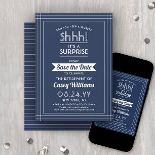 Verrassings-pensioenfeestje Sst! Marineblauw & Wit Save The Date