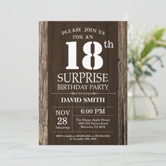 Verrassings- Rustieke 18e Verjaardagsuitnodiging V Kaart (Staand voorkant)