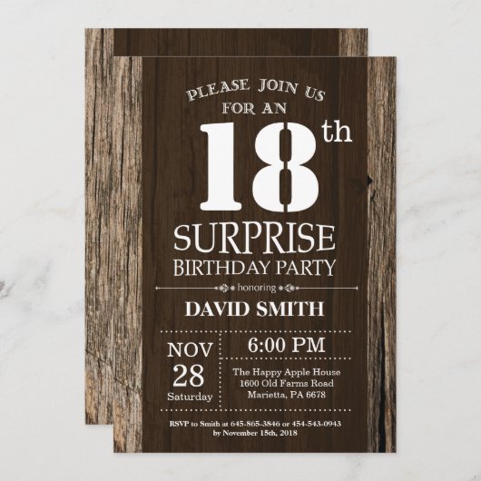 Verrassings- Rustieke 18e Verjaardagsuitnodiging V Kaart (Voorkant / Achterkant)