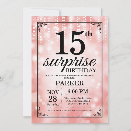 Verrassings uitnodiging 15e verjaardag Roze glitte (Voorkant)