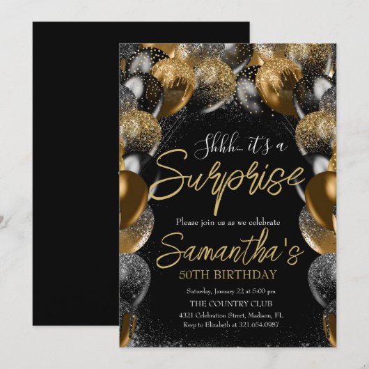Verrassingsballonnen Verjaardag Zwart Goud Glitter Kaart (Voorkant / Achterkant)