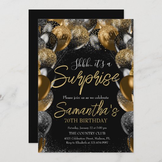 Verrassingsballonnen Verjaardag Zwart Goud Glitter Kaart (Voorkant / Achterkant)