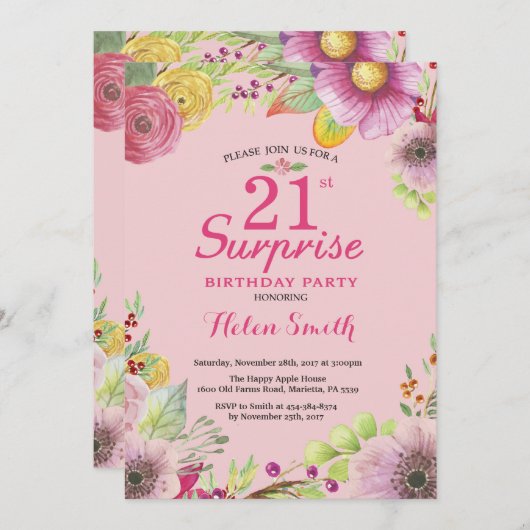 Verrassingsbloem 21e verjaardagsuitnodiging voor v kaart (Voorkant / Achterkant)