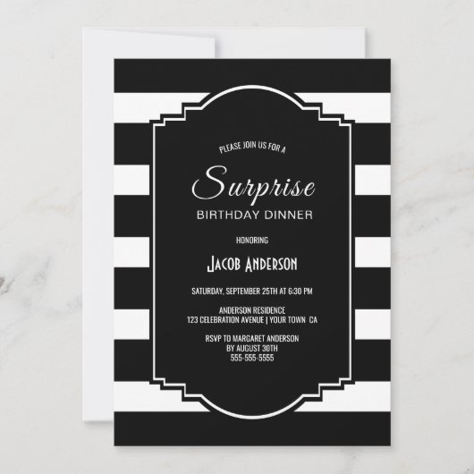 Verrassingsdag zwart en wit gestreept diner kaart (Voorkant)