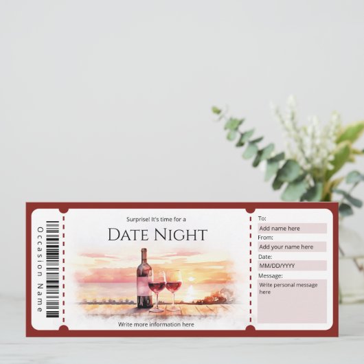 Verrassingsdatum Nachtcadeau Ticket Sjabloon Kaart (Staand voorkant)