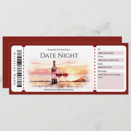 Verrassingsdatum Nachtcadeau Ticket Sjabloon Kaart (Voorkant / Achterkant)