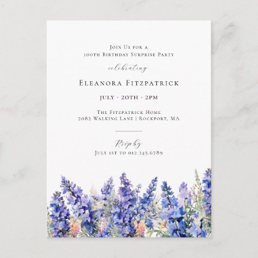 Verrassingsfeest 100e verjaardag juli Geboortebloe Uitnodiging Briefkaart (Voorkant)