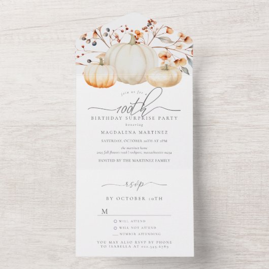 Verrassingsfeest 100e verjaardag Pompoen Fall Leav All In One Uitnodiging (Binnen)
