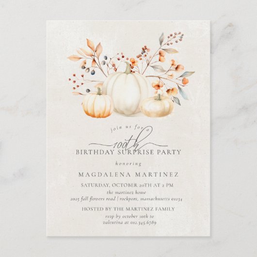 Verrassingsfeest 100e Witte Pompoen Fall Bladeren Uitnodiging Briefkaart (Voorkant)