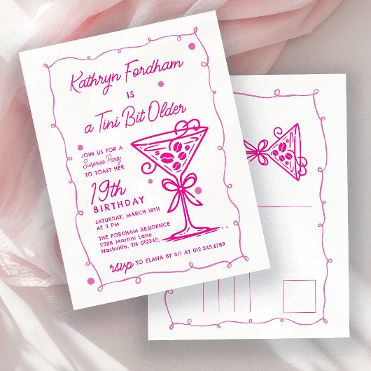 VERRASSINGSFEEST 19e Verjaardag Pink Doodle Martin Uitnodiging Briefkaart