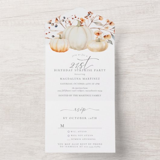 VERRASSINGSFEEST 21e Verjaardag Pompoen Fall Blade All In One Uitnodiging (Binnen)