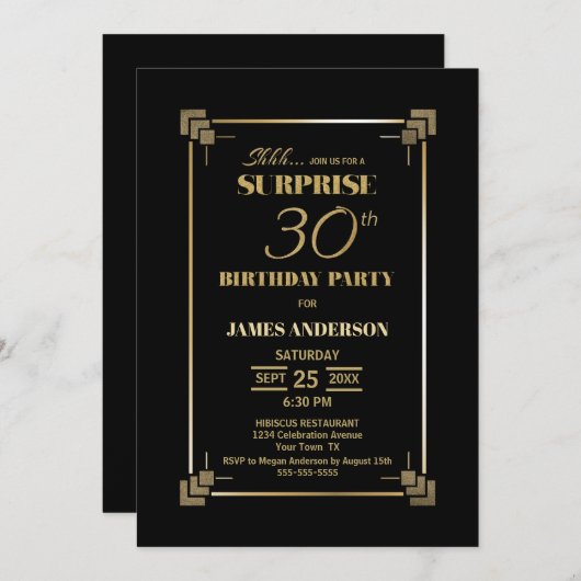 Verrassingsfeest 30e verjaardag Zwart en Goud Kaart (Voorkant / Achterkant)