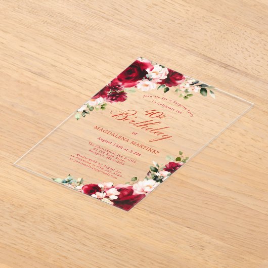 Verrassingsfeest 40e Verjaardag Red Rose Pink Peon Acryl Uitnodigingen (Laagn)