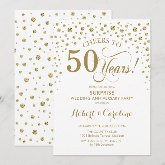 Verrassingsfeest 50ste verjaardag - Goud Wit Kaart (Voorkant / Achterkant)