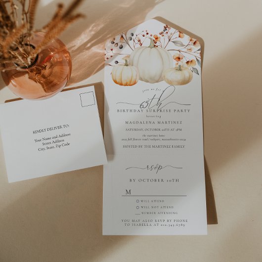 Verrassingsfeest 65e verjaardag Pumpkin Fall Leave All In One Uitnodiging