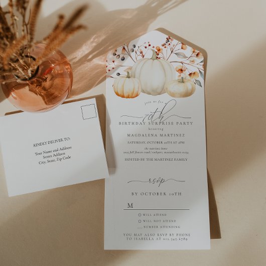 Verrassingsfeest 70e verjaardag Pumpkin Fall Leave All In One Uitnodiging